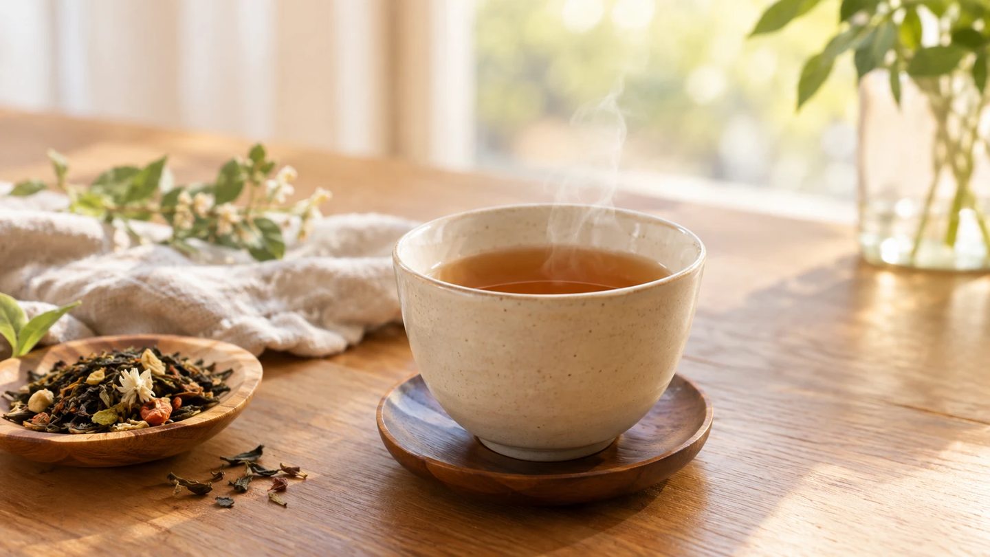 湯気の立つお茶と茶葉